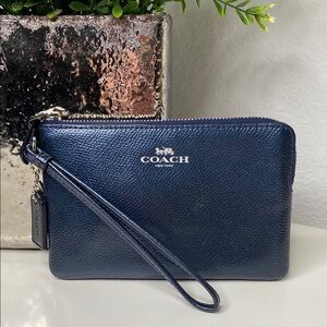 Coach Corner Zip Wristlet Pouch F54626 Midnight‎ Metallic Blue